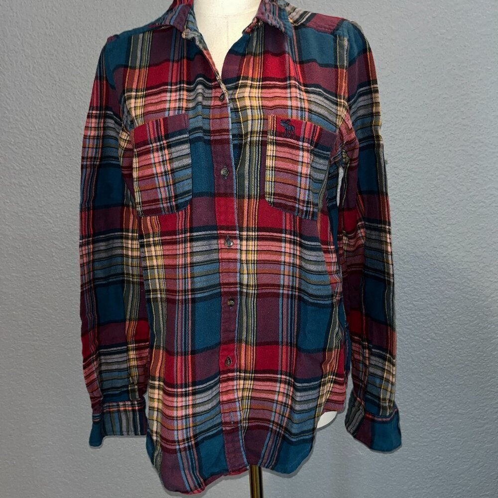Y2K A&F ABERCROMBIE & FITCH WOMEN'S MOOSE LOGO PLAID FLANNEL BUTTON DOWN SHIRT L